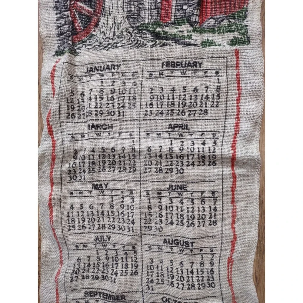 Vintage 1969 Linen Calendar Tea Towel Red Barn Watermill Rustic Kitchen Decor
